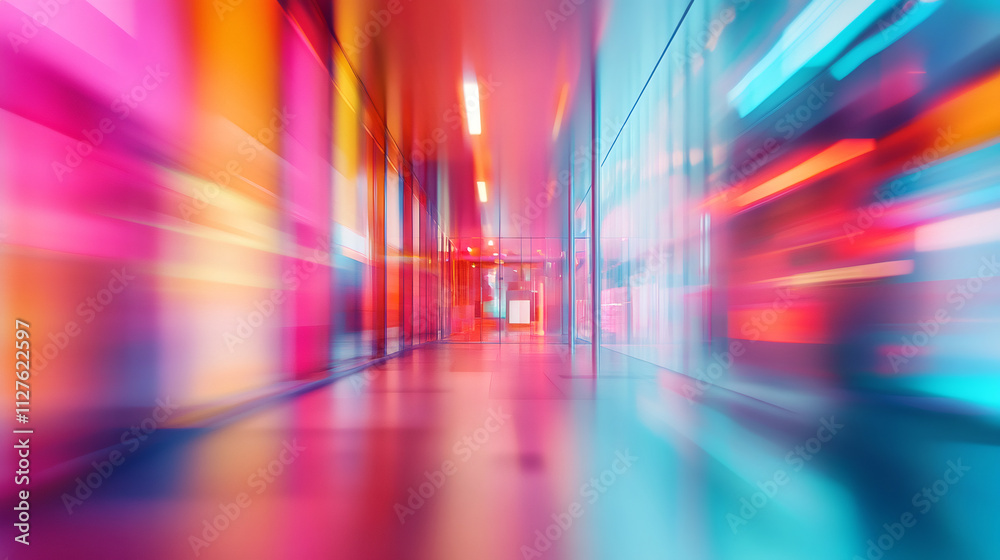 Poster Light trails illuminating a colorful modern corridor with glass walls, creating a dynamic futuristic atmosphere