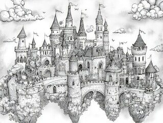 Intricate floating castle, detailed ink drawing.