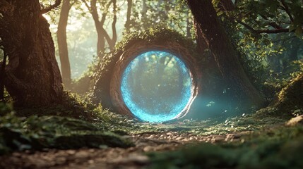 Fototapeta premium Enchanting Forest Scene Featuring a Mystical Portal Surrounded by Lush Greenery, Soft Light Filtering Through Trees, and an Otherworldly Atmosphere