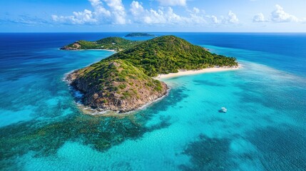 Aerial View of Tropical Island with Clear Blue Water and Greenery