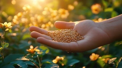 A hand holds seeds against a backdrop of blooming flowers in a sunlit garden.