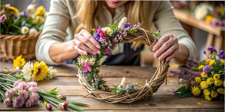 Woman weaves a detailed wreath of colorful flowers in a bright workshop during daytime work florist