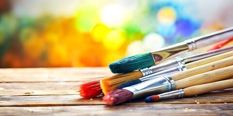 Obraz premium Colorful paintbrushes arranged on a wooden surface ready for artistic creation with vibrant background