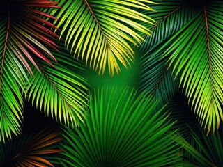 Obraz premium Lush green tropical palm leaves with vibrant colors, perfect for summer backgrounds or exotic designs, jungle, natural
