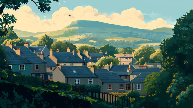 Scenic view of houses in clitheroe lancashire with pendle hill in the background. Serenity. Illustration