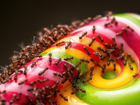 Macro close-up shot of hordes of hungry ants swarming over a colorful lollipop, ants, hungry