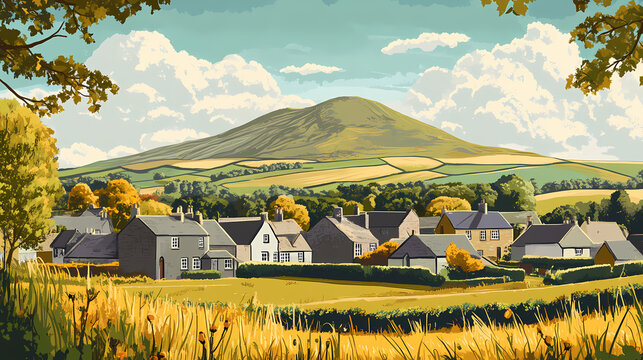 Scenic view of houses in clitheroe lancashire with pendle hill in the background. Serenity. Illustration