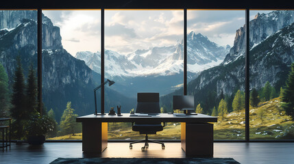 Serene mountain vista as immersive virtual meeting background photorealistic detail blends with subtle digital enhancements zeninspired home office setup in foreground. Serenity. Illustration