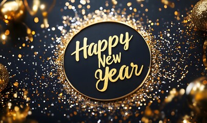 "Happy New Year" in a golden glitter, circle frame on a black background,


