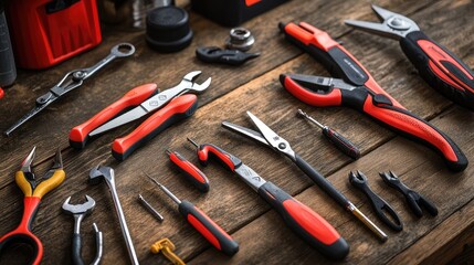 Variety of Hand Tools Arranged Neatly on a Rustic Wooden Table