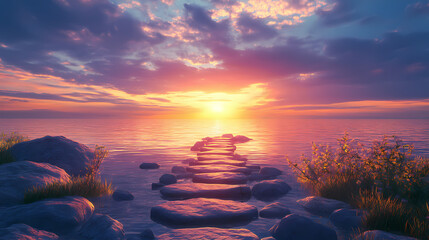 Stone path to sunset sea. capture the serenity of a stone path leading to a breathtaking sunset over the tranquil sea. Serenity. Illustration