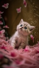 Charming anime kitten with butterfly and dragonfly wings surrounded by flowers and pink butterflies