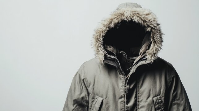 Warm Parka with Fur Hood on Display Against Neutral Background