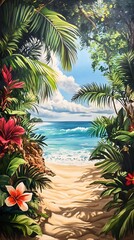 A tropical pathway leads to a serene beach with vibrant foliage and clear blue waters.