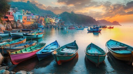 Fototapeta premium Colorful Fishing Boats at Sunset by Vibrant Coastal Village