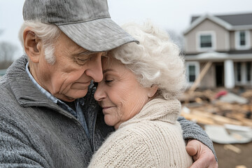 Senior citizen couple consoling each other in front of a home destroyed by a storm for insurance concept