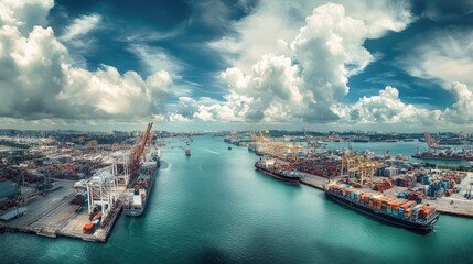 Naklejka premium Vibrant Shipping Port with Cargo Containers and Dramatic Sky