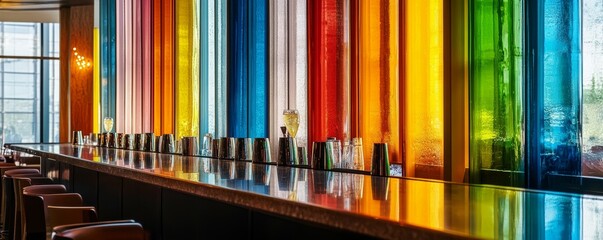 A colorful vibrant row of cocktails on a bar counter in a restaurant