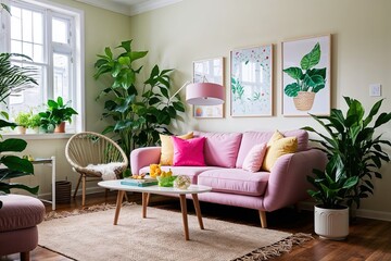 Artistic and Playful Fresh Living Area with Pastel Loveseat and Lush Indoor Plants