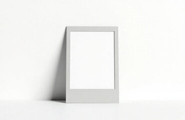 Empty instant photo frame stands upright on white surface. Light gray frame casts slight shadow. Simple design. Great for graphic art minimalist photos. Perfect for product photography. Useful for