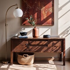 Generative AI, Modern vintage console table styled with warm, natural light and retro-inspired decor