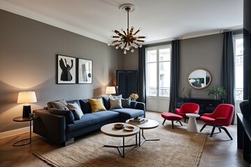 Chic Parisian Home: Modern Living Area with Scandinavian Design and Dynamic Atmosphere