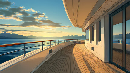 Luxury yacht deck with ocean views. Serenity. Illustration