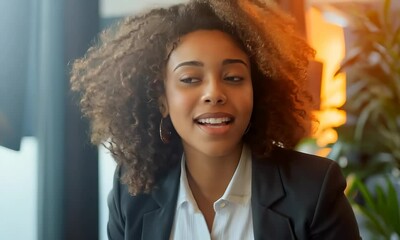 Professional woman engaged in lively discussion during meeting in modern office setting
