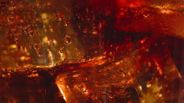 fresh cola pouring into glass with ice, close up. bubbles move around ice cubes macro