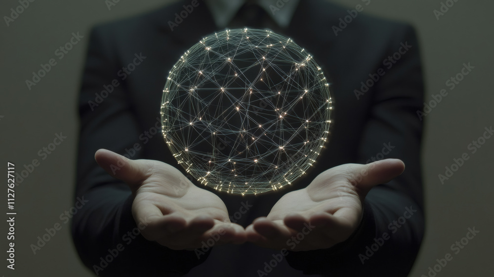 Poster businessman showcases a glowing futuristic orb representing global communication and data exchange t