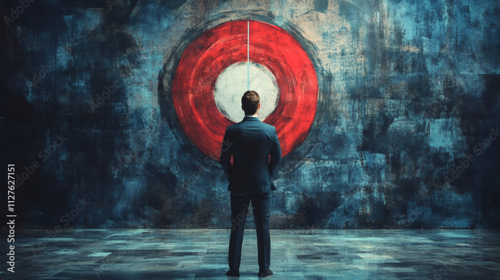 Poster business professional strategizing and setting goals while focusing on red target on grunge wall for