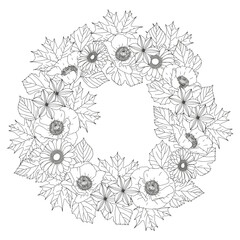 Coloring page for adults and children. Flower wreath.