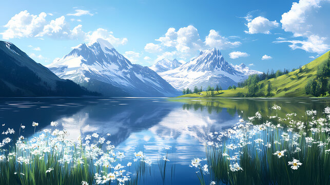 Mountain lake serenity alps nature scene floral landscape scenic view tranquility. Serenity. Illustration