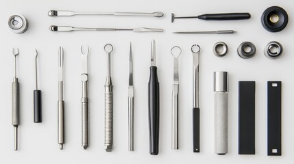 Variety of Precision Tools on White Background for Various Crafts