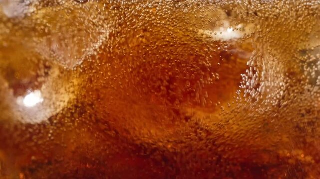close up of fresh cola pouring into glass with ice. bubbles move around ice cubes macro