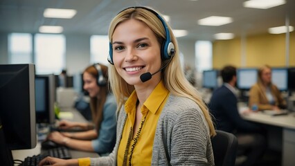 A blonde woman wearing a headset and attire focuses on customer service in a bustling yellow office setting.