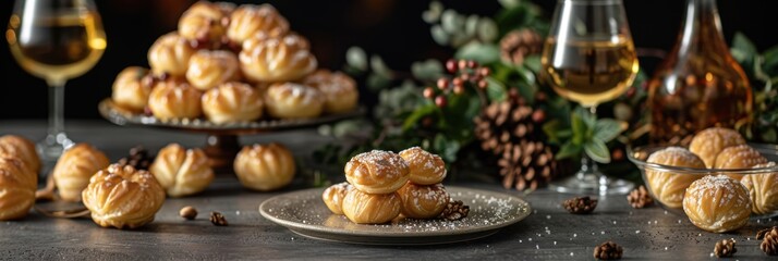 A beautifully arranged display of delicate pastries with glasses of wine set against a backdrop of lush green foliage, berries, and pinecones