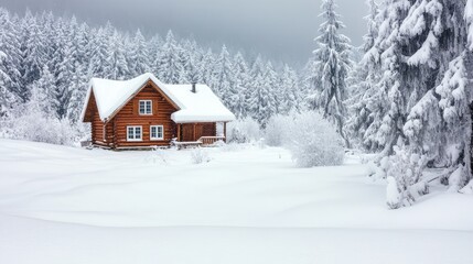 Cozy wooden cabin in serene winter landscape with fresh snow