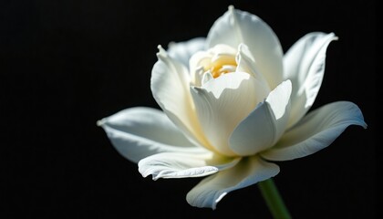Close-up of white flower with delicate petals. Dramatic lighting highlights graceful form, subtle texture against black background. Soft light illuminates flower beautifully. Elegant image evokes