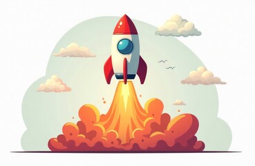 Colorful rocket ship blasts off ambition, innovation. Bright orange flames erupt from rocket engine. Clouds drift peacefully in sky. Launch signifies pursuit of dreams. Ready for space exploration.