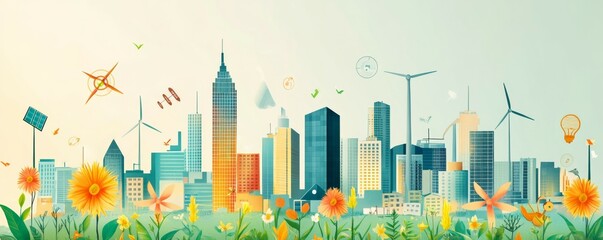 Abstract city with energyefficient buildings, solar and wind symbols, stock data overlay, sustainable urban finance, ecopower