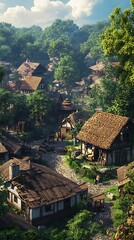 A picturesque village surrounded by lush greenery and traditional architecture.