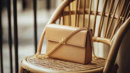 Elegant Beige Handbag on a Stylish Rattan Chair in Natural Light