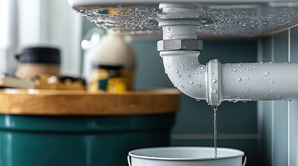 Leaking Pipe Under Sink with Water Dripping into Bucket in Home Bathroom or Kitchen Interior