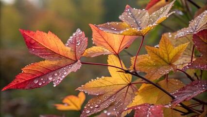 Obraz premium Closeup of Dew Covered Multicolored Autumn Leaves