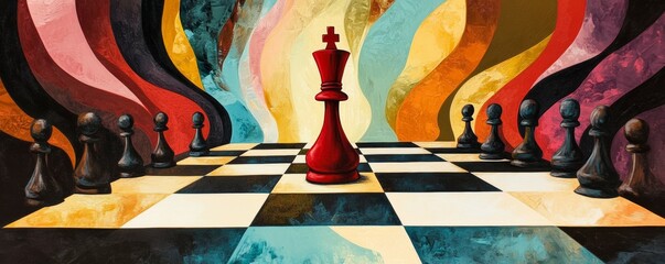 Abstract chess game with red king surrounded by pawns, metaphor for calculated risk, intense and bold colors