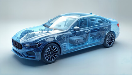 Fototapeta premium Futuristic car design. Transparent 3d model of vehicle. Intelligent engineering, auto tech design. Wiring network shown. Glowing blue colours. Blueprint style. Innovation in transportation.