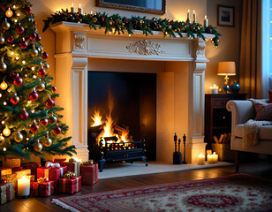 A Classic Christmas Scene: Fireplace, Tree, and Festive Decorations
