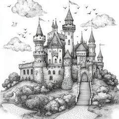 Fairytale castle, hilltop, trees, stone path, birds.