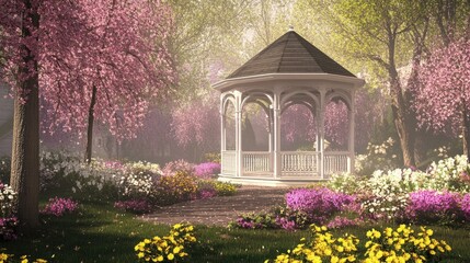Obraz premium Serene Garden with Gazebo Surrounded by Blooming Flowers and Trees